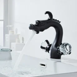 Bathroom Sink Faucet,Crystal Handle Dragon Shape Antique Brass Two Handle One Hole Bath Tap with Hold and Hot Switch