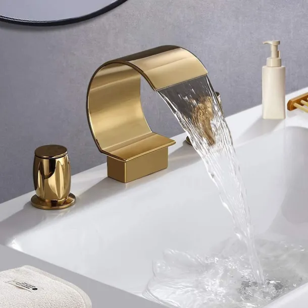 Bathroom Sink Faucet,Elegant Double Handle Arc Waterfall Spout Bathtub Filler Faucet with Three Holes Widespread Bathroom Faucet Gold/Matte Black