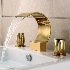 Bathroom Sink Faucet,Elegant Double Handle Arc Waterfall Spout Bathtub Filler Faucet with Three Holes Widespread Bathroom Faucet Gold/Matte Black