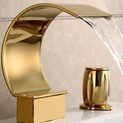 Bathroom Sink Faucet,Elegant Double Handle Arc Waterfall Spout Bathtub Filler Faucet with Three Holes Widespread Bathroom Faucet Gold/Matte Black