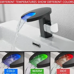 Bathroom Sink Faucet,LED Waterfall Temperature Controlled 3-Colors Electroplated Centerset Single Handle One Hole Bath Taps