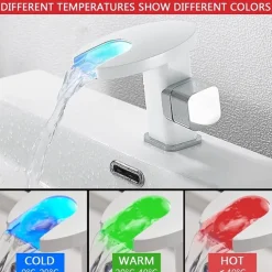 Bathroom Sink Faucet,LED Waterfall Temperature Controlled 3-Colors Electroplated Centerset Single Handle One Hole Bath Taps