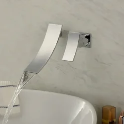 Bathroom Sink Faucet,Modern Style Stainless Steel Slide Shape Design Wall Mount Waterfall Chrome Single Handle Two Holes Bath Taps with Hot and Cold Switch and Valve