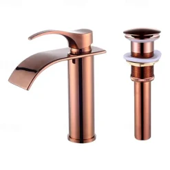 Bathroom Sink Faucet,Modern Style Single Handle Rose Golden One Hole Waterfall,Oil-rubbed Cooper with Drain and Brass Faucet Body with Hot and Cold Water and Pop-up Drain