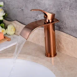Bathroom Sink Faucet,Modern Style Single Handle Rose Golden One Hole Waterfall,Oil-rubbed Cooper with Drain and Brass Faucet Body with Hot and Cold Water and Pop-up Drain
