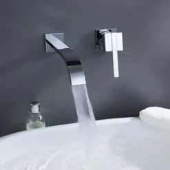 Bathroom Sink Faucets,Brass Waterfall Modern Style Wall Mount Single Handle Two Holes Chrome Finish Bath Tap with Cold and Hot Switch