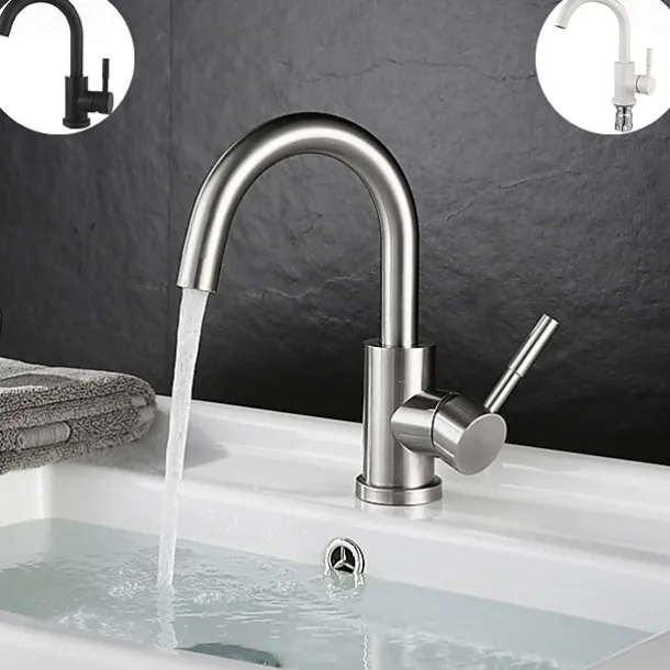 Bathroom Sink Faucet,Single Handle Black Nickel/White Dainted/Brushed Nickel One Hole Standard Spout Stainless Steel Bathroom Sink Faucet with Hot and Cold Water
