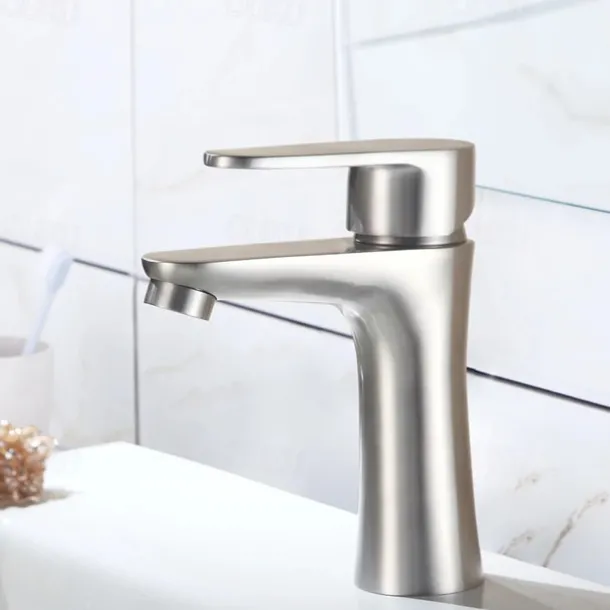 Bathroom Sink Faucet,Stainless Steel Matte Black/Nickel Brushed Single Handle One Hole Bath Taps with Hot and Cold Switch