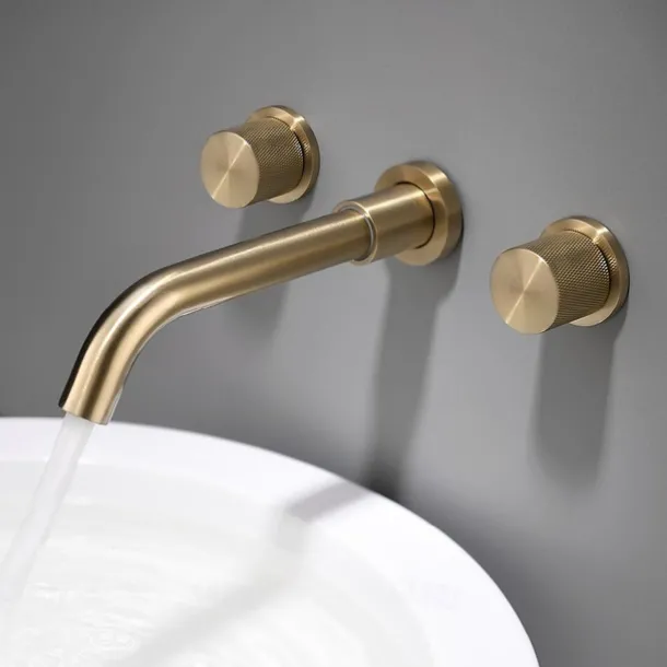 Bathroom Sink Faucet,Wall Mounted Brass Luxury Brushed Gold Finish Widespread Washroom Faucet Two Handles Three Holes Basin Sink Mixer Tap with Hot and Cold Switch