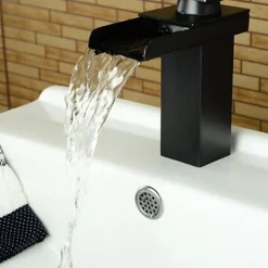 Bathroom Sink Faucet,Waterfall Oil-rubbed Bronze Centerset Widespread Single Handle One Hole Bath Taps with Hot and Cold Switch