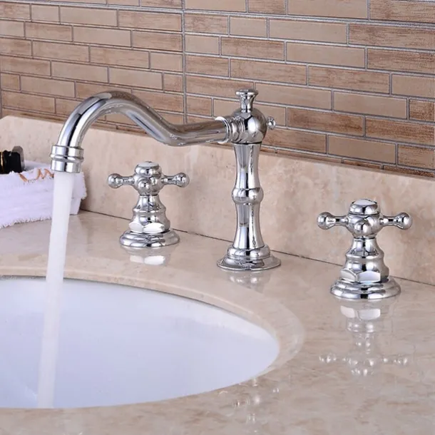 Bathroom Sink Faucet,Widespread Two Handle Three Holes, Brass Chrome Bathroom Sink Faucet Contain with Supply Lines and Drain Plug and Hot/Cold Switch