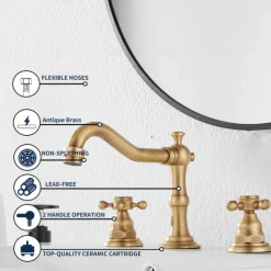 Bathroom Sink Faucet,Widespread Two Handle Three Holes, Brass Bath Taps, Brass Bathroom Sink Faucet Contain with Cold and Hot Water