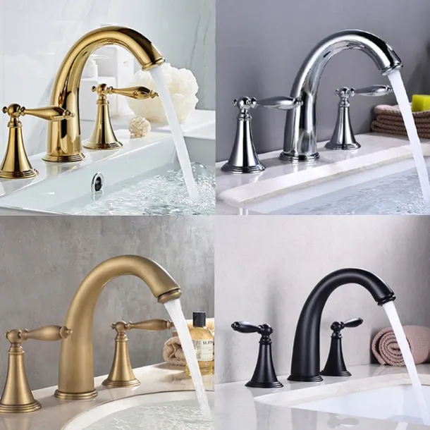 Bathroom Sink Faucet,Widespread Brass Two Handles Three Holes Bathroom Faucet with Valve and Hot/Cold Switch