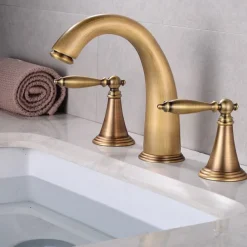 Bathroom Sink Faucet,Widespread Brass Two Handles Three Holes Bathroom Faucet with Valve and Hot/Cold Switch