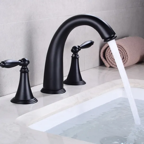 Bathroom Sink Faucet,Widespread Brass Two Handles Three Holes Bathroom Faucet with Valve and Hot/Cold Switch
