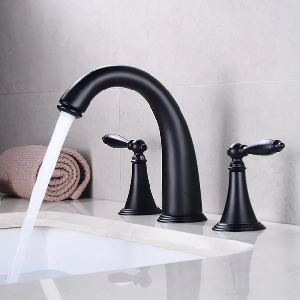 Bathroom Sink Faucet,Widespread Brass Two Handles Three Holes Bathroom Faucet with Valve and Hot/Cold Switch
