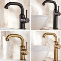 Bathroom Sink Mixer Faucet Vintage Deck Mounted, 360 Swivel Rotatable Single Handle One Hole Monobloc Washroom Basin Taps with Hot and Cold Water Hose Antique Brass ORB