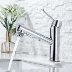 Bathroom Sink Mixer Faucet Pull Out Sprayer 2 Mode Spout with Stop Button, Single Handle Washroom Basin Taps Mono with Cold and Hot Hose Chrome Black Golden