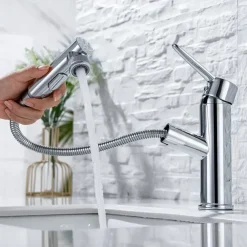Bathroom Sink Mixer Faucet Pull Out Sprayer 2 Mode Spout with Stop Button, Single Handle Washroom Basin Taps Mono with Cold and Hot Hose Chrome Black Golden