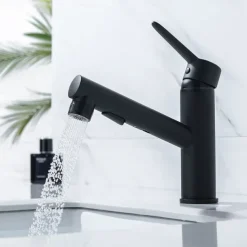 Bathroom Sink Mixer Faucet Pull Out Sprayer 2 Mode Spout with Stop Button, Single Handle Washroom Basin Taps Mono with Cold and Hot Hose Chrome Black Golden