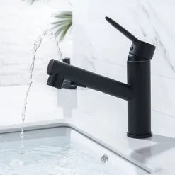 Bathroom Sink Mixer Faucet Pull Out Sprayer 2 Mode Spout with Stop Button, Single Handle Washroom Basin Taps Mono with Cold and Hot Hose Chrome Black Golden