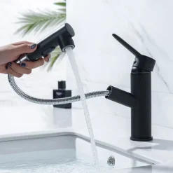 Bathroom Sink Mixer Faucet Pull Out Sprayer 2 Mode Spout with Stop Button, Single Handle Washroom Basin Taps Mono with Cold and Hot Hose Chrome Black Golden