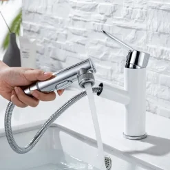 Bathroom Sink Mixer Faucet Pull Out Sprayer 2 Mode Spout with Stop Button, Single Handle Washroom Basin Taps Mono with Cold and Hot Hose Chrome Black Golden