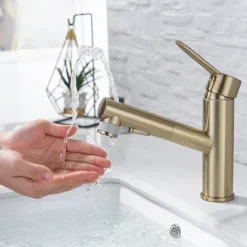 Bathroom Sink Mixer Faucet Pull Out Sprayer 2 Mode Spout with Stop Button, Single Handle Washroom Basin Taps Mono with Cold and Hot Hose Chrome Black Golden