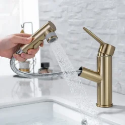 Bathroom Sink Mixer Faucet Pull Out Sprayer 2 Mode Spout with Stop Button, Single Handle Washroom Basin Taps Mono with Cold and Hot Hose Chrome Black Golden