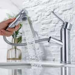 Bathroom Sink Mixer Faucet Pull Out Sprayer 2 Mode Spout with Stop Button, Single Handle Washroom Basin Taps Mono with Cold and Hot Hose Chrome Black Golden