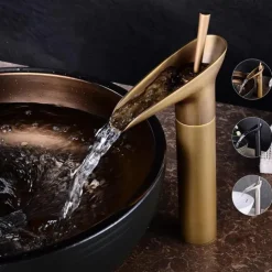 Bathroom Sink Mixer Faucet Waterfall Traditional Antique Brass, Retro Style Washroom Basin Taps Single Handle One Hole Deck Mounted, Monobloc Bathroom Faucet with Hot and Cold Hose