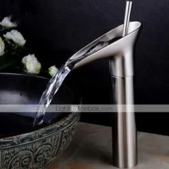 Bathroom Sink Mixer Faucet Waterfall Traditional Antique Brass, Retro Style Washroom Basin Taps Single Handle One Hole Deck Mounted, Monobloc Bathroom Faucet with Hot and Cold Hose
