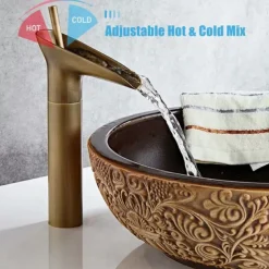 Bathroom Sink Mixer Faucet Waterfall Traditional Antique Brass, Retro Style Washroom Basin Taps Single Handle One Hole Deck Mounted, Monobloc Bathroom Faucet with Hot and Cold Hose