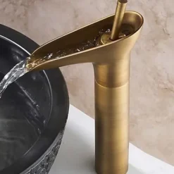Bathroom Sink Mixer Faucet Waterfall Traditional Antique Brass, Retro Style Washroom Basin Taps Single Handle One Hole Deck Mounted, Monobloc Bathroom Faucet with Hot and Cold Hose