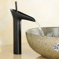 Bathroom Sink Mixer Faucet Waterfall Traditional Antique Brass, Retro Style Washroom Basin Taps Single Handle One Hole Deck Mounted, Monobloc Bathroom Faucet with Hot and Cold Hose