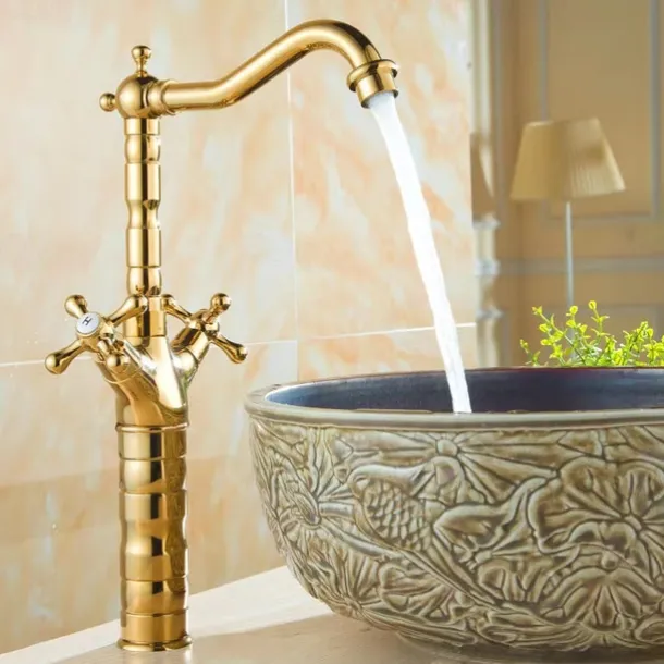 Bathroom Sink Mixer Faucet Short Tall Vessel Basin Taps, Vintage Brass Twin Handle Tap with Cold and Hot Hose