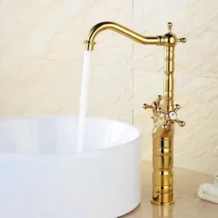 Bathroom Sink Mixer Faucet Short Tall Vessel Basin Taps, Vintage Brass Twin Handle Tap with Cold and Hot Hose