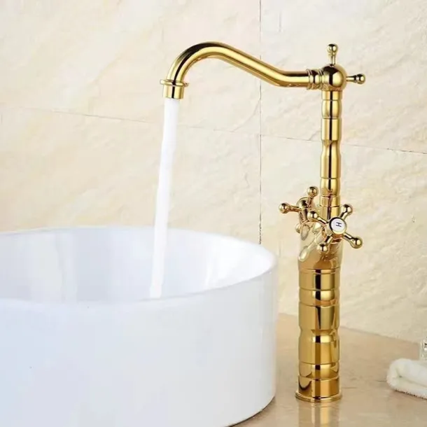 Bathroom Sink Mixer Faucet Short Tall Vessel Basin Taps, Vintage Brass Twin Handle Tap with Cold and Hot Hose