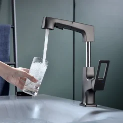 Bathroom Sink Mixer Faucet Liftable Body Pull Out 2 Mode Spout, 360° Rotatable Washroom Brass Basin Tap Deck Mounted, with Hot and Cold Water Vessel Tap