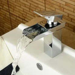Bathroom Sink Mixer Faucet Waterfall, Modern Style Single Handle One Hole Chrome Centerset Washroom Basin Taps Brass Adjustable Cold Hot Water Hose