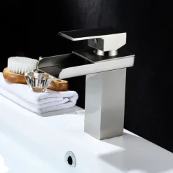 Bathroom Sink Mixer Faucet Waterfall, Modern Style Single Handle One Hole Chrome Centerset Washroom Basin Taps Brass Adjustable Cold Hot Water Hose