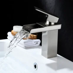 Bathroom Sink Mixer Faucet Waterfall, Modern Style Single Handle One Hole Chrome Centerset Washroom Basin Taps Brass Adjustable Cold Hot Water Hose