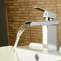 Bathroom Sink Mixer Faucet Waterfall, Modern Style Single Handle One Hole Chrome Centerset Washroom Basin Taps Brass Adjustable Cold Hot Water Hose