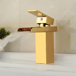 Bathroom Sink Mixer Faucet Waterfall, Modern Style Single Handle One Hole Chrome Centerset Washroom Basin Taps Brass Adjustable Cold Hot Water Hose