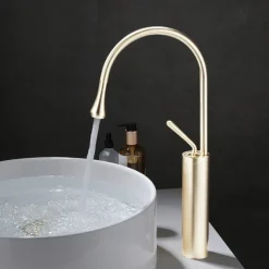 Bathroom Sink Mixer Faucet Brushed Gold Tall Deck Mounted, High Arc Vessel Tap Single Handle One Hole Standard Spout Wahsroom Basin Taps with Cold and Hot Water Hose