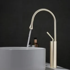 Bathroom Sink Mixer Faucet Brushed Gold Tall Deck Mounted, High Arc Vessel Tap Single Handle One Hole Standard Spout Wahsroom Basin Taps with Cold and Hot Water Hose