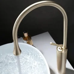 Bathroom Sink Mixer Faucet Brushed Gold Tall Deck Mounted, High Arc Vessel Tap Single Handle One Hole Standard Spout Wahsroom Basin Taps with Cold and Hot Water Hose