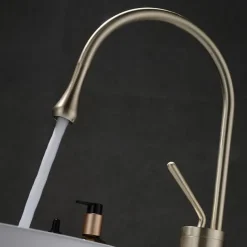 Bathroom Sink Mixer Faucet Brushed Gold Tall Deck Mounted, High Arc Vessel Tap Single Handle One Hole Standard Spout Wahsroom Basin Taps with Cold and Hot Water Hose