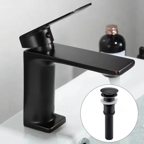 Bathroom Sink Mixer Faucet, Monobloc Washroom Basin Taps Single Handle One Hole Deck Mounted with Hot and Cold Hose