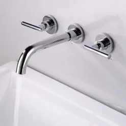 Bathroom Sink Mixer Faucet Wall Mounted, 2 Handle 3 Hole Wash Baxin Brass Taps, Rough in Valve Washroom Basin Tap